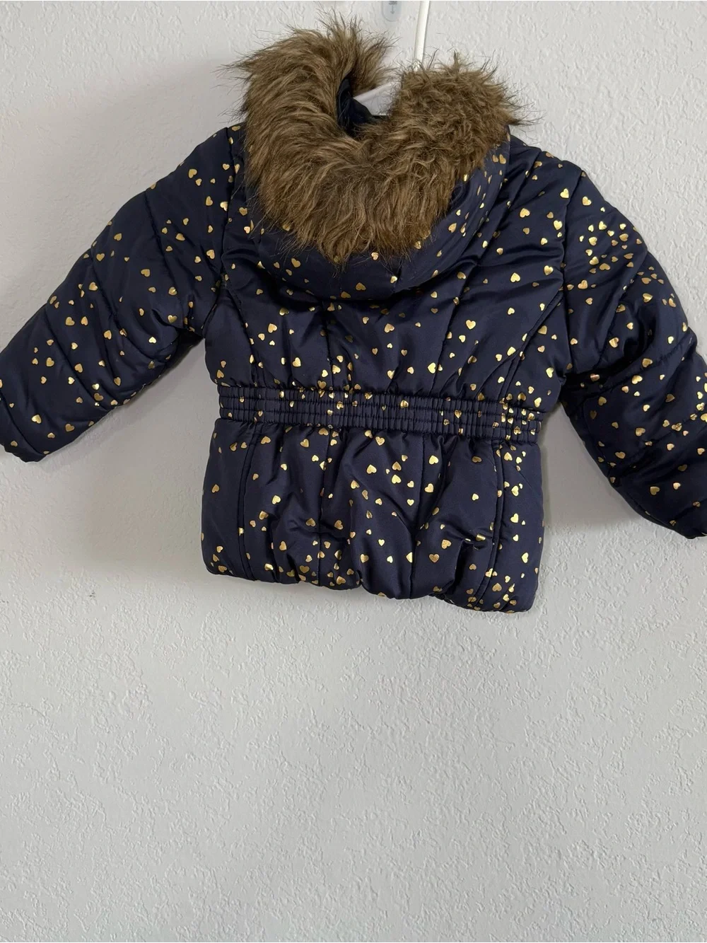 Rothschild 1881 Girls 2T Navy Gold Heart Puffer Coat Faux Fur Hood Winter Jack
